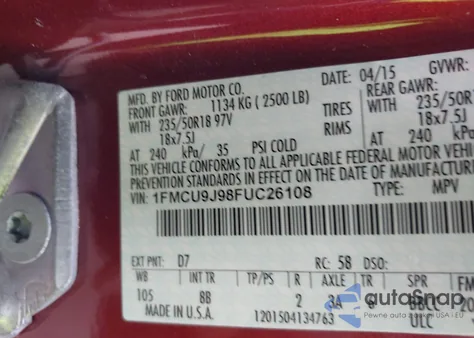 2015 Ford Escape Titanium z USA, uszkodzony, nr VIN 1FMCU9J98FUC26108